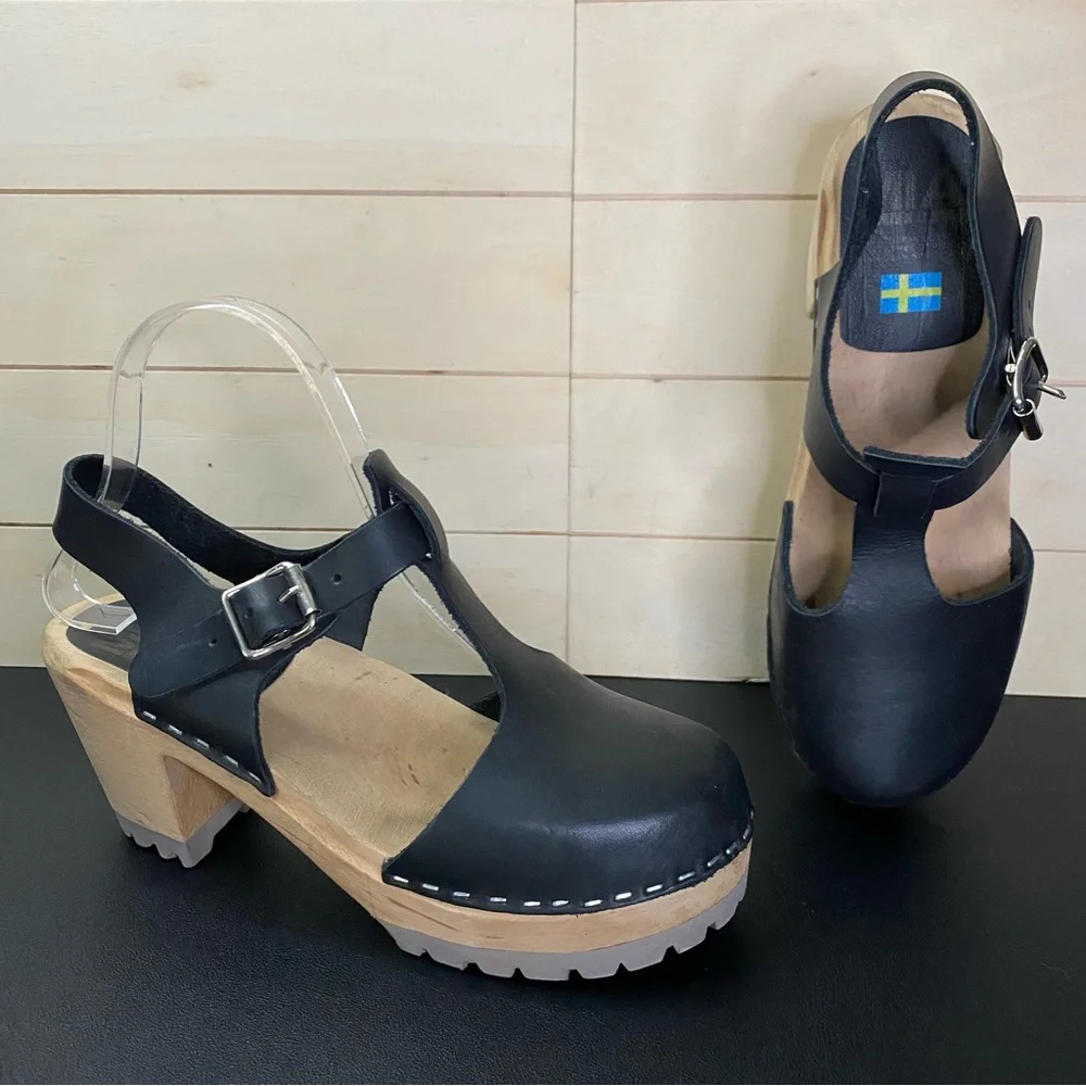 Mia Madeline Swedish Clogs Women's Size 7.5 Shoes EU38 Black Leather Wooden - Picture 11 of 11